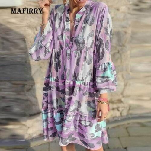 Casual Women Print Loose Dress 2021 Summer V Neck Long Sleeve Outdoor Dress Colorful Lady Streetwear Knee-Length Dress Vestido