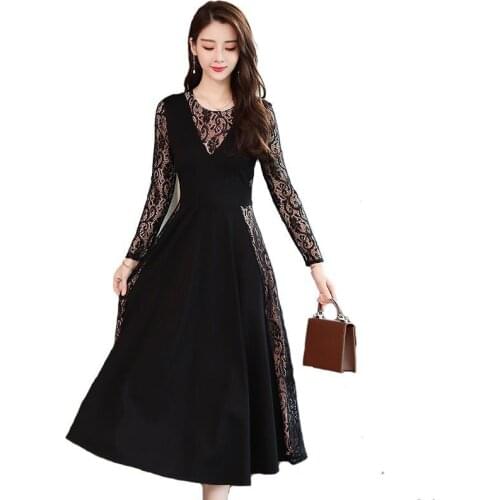 Spring and autumn new lace stitching fashion cutout slim fit temperament round neck high waist black womens big swing Dresses