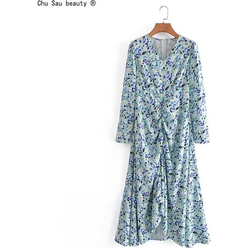 Autumn 2021 New Fashion Vintage Cottagecore V-Neck Long-Sleeve Floral Print Folds Irregular Ankle-Length Dress Zipper Women Vest