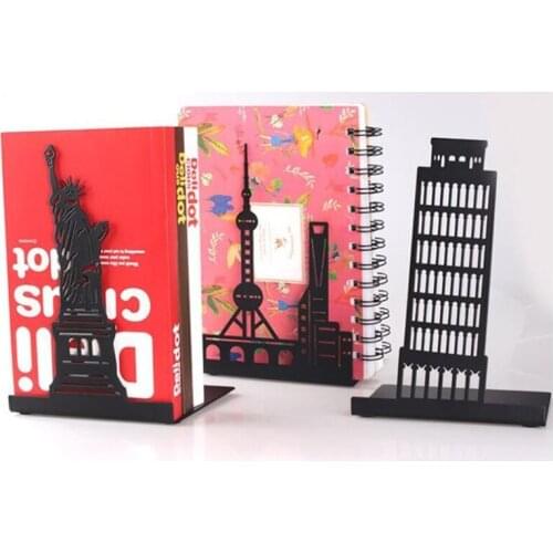 1 Pair Creative Hollow-out Metal Bookends Decorative Landmarks Design Book Stands Hollow Out Bookends Book Magazine Organizer