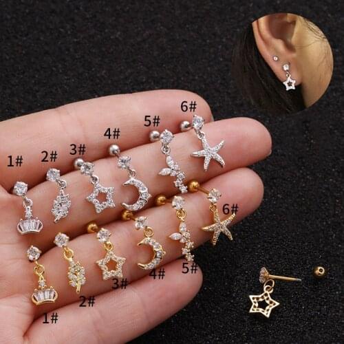 1Pc Zircon Stainless Steel Star Moon Flower Pendant Piercing Earrings Creative Ear Bone Small Ear Piercing Jewelry Gift