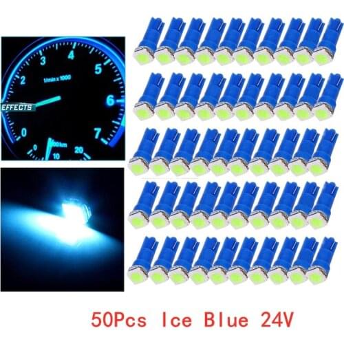 50Pcs T5 5050 1SMD 24V Ice Blue Blub Wedge Dashboard LED Lights Bulbs Car Lnstrument Indicator AC Lamp Auto Interior Accessories