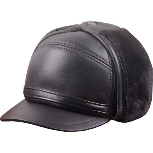 Russian Winter Casquette Cap Male Sheepskin Earflap Warm Beret Senior Men Dad Furry Visor Cap Genuine Leather Big Plus Size Hat