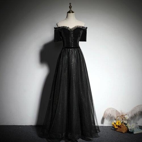 Black Elegant Evening Dress Boat Neck Short Sleeves Sequins A-Line Lace Up Floor-Length Tulle Party Formal Dresses Woman B1084