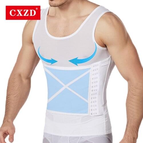 CXZD Hot Men Body Shaper Corset Corrective Posture Shirt Slimming Belly Abdomen Belt Fat Burning Compression Mesh Chain Corset