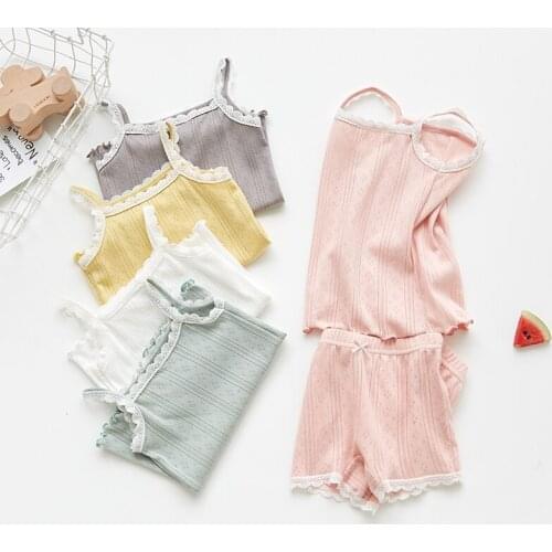 Girls home clothing cotton summer thin children sling vest shorts two-piece baby pajama set kids clothes