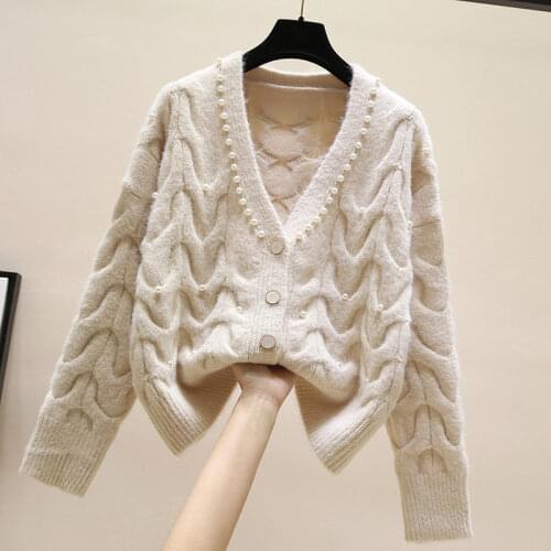 Women New 2020 Spring Autumn Pearls Beaded Cardigan Sweaters Female Casual Sweater V Neck Single Breasted Knitted Outwear L561