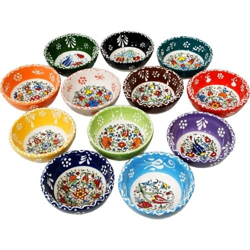 Handmade Tile 12 Pieces Ceramic Bowl - 8 cm Turkish Traditional Gift Snack Sauce Bowl Suitable For Daily Use For Your Breakfast