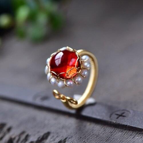 Natural Freshwater Pearl Exquisite Red Stone Manual Winding Ring for Women Fashion Temperament Simple Opening Ring Women Jewelry
