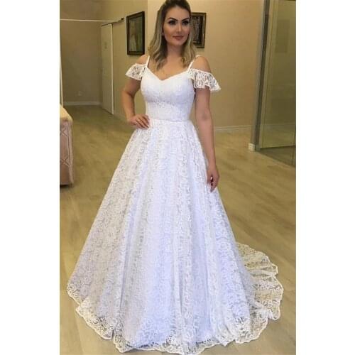 2021 Lace Wedding Dresses for Bride A Line Sweep Train Beach Cold Shoulder Bridal Gowns vestido de noiva