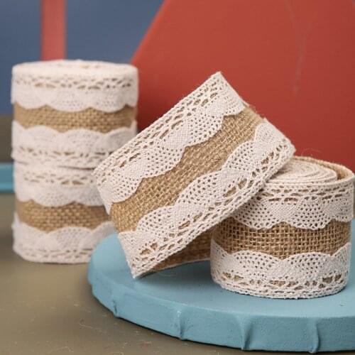 2m 5cm Width Natural Burlap Ribbon Roll with White Lace Burlap Trims Ribbon for Wedding Party Christmas DIY Ribbon Decoration