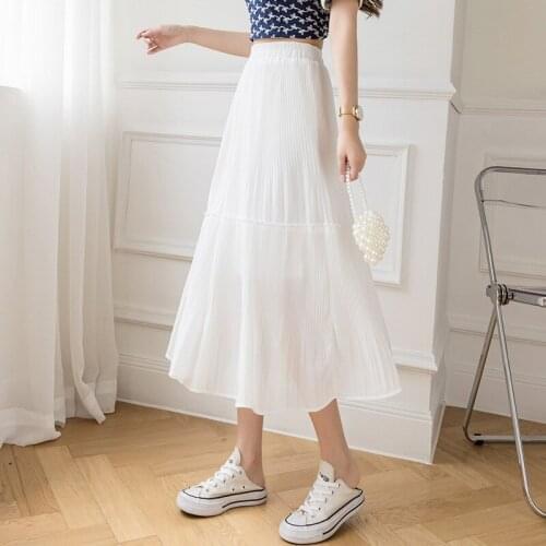 Summer Chiffon Skirt Women Large Swing Summer Elastic Waist Thin Pleated Skirt Women Solid Long Skirt Women Ear Drop