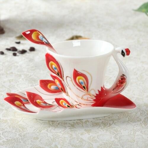 2018 Newest Creative Enamel Ceramic Coffee Cups With Saucer Tea Milk Cup Set with spoon Peacock Drinkware-Z0060