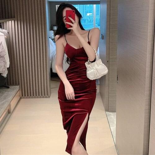 Real shot 2021 new fashion sexy slim-fit folds slimming split bottoming suspender dress