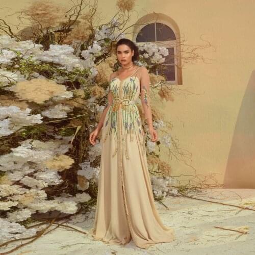 Champagne Sexy See Thru Moroccan Caftan Evening Dress V-Neck A-Line Floor Length Summer Dress With Applique Vestidos De Gala