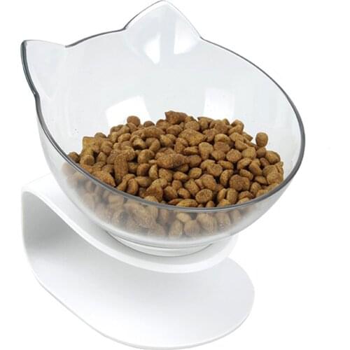 Pet Cat Feeder Transparent Bowl With Stand Base Anti-Skid Pet Food Dish Water Bowl For Small Dogs Cats Cat Ears Pet Oblique Bowl