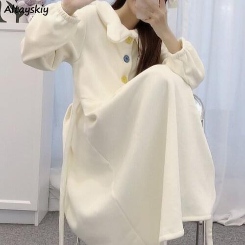 Dresses Women Button Peter Pan Collar Midi Japanese Style Chic Trendy Kawaii Sweet College Students Thick Loose Spring Autumn