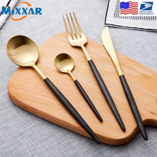 Dropshipping Flatware Stainless Steel Cutlery Set Black Gold Dinnerware Spoon and Fork Set Fruit Forks Tableware Handle for Kids