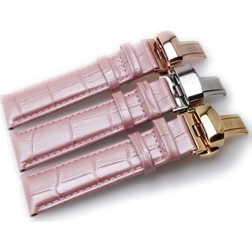 Genuine Leather Watch Strap Pink Watchband Bracelet Butterfly Buckle for Women Ladies Watch 22mm 20mm 18mm 16mm 14mm 12mm