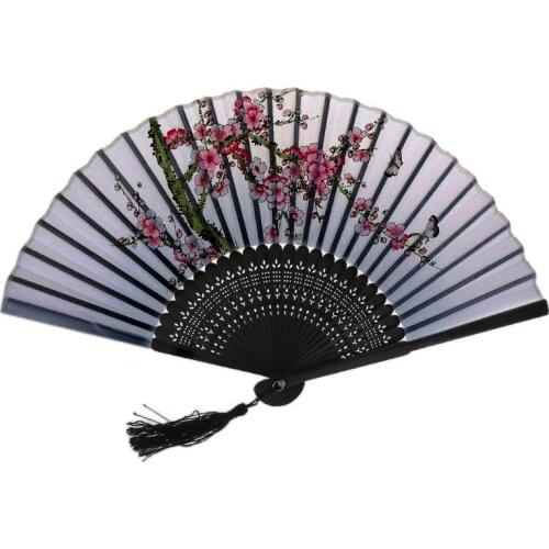 69HC Retro Japanese Chinese Folding Silk Hand Held Fan Peach Blossom Bamboo Wedding Party Dance Decor Gifts