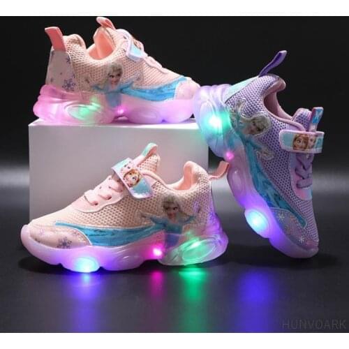 Spring Autumn Frozen Kids Light Shoes Girls Childrens Elsa Casual Sneakers Breathable Soft Anti-Slip Running Sports Shoes