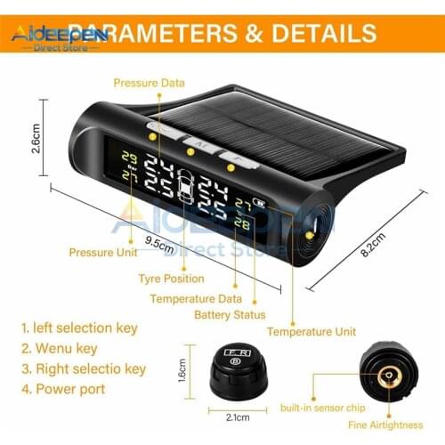 Solar Power/USB Charging TPMS Car Tire Pressure Monitoring System LCD Digital Display Tire Pressure Gauge Auto Alarm Tool