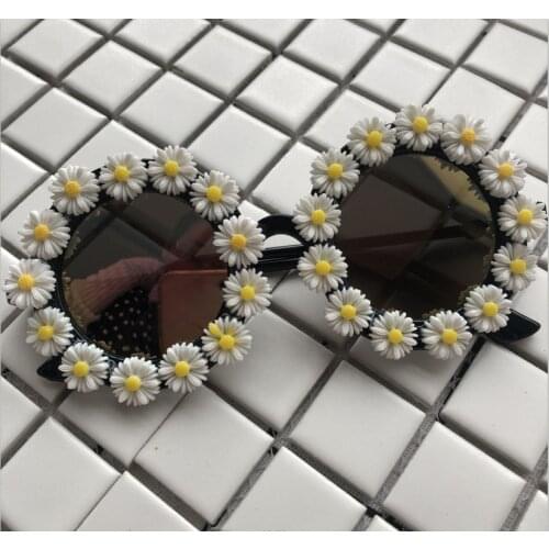 Handmade Sunglasses White Little Daisy Women Sun Glasses Mirror Lens UV400 Small Round Summer Eyewear Lovely Gafas de sol