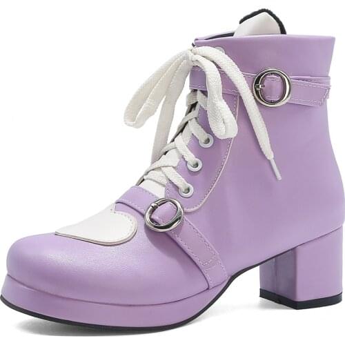 Oversized Thick Heel Waterproof Platform Cute Lolita Ankle Boots Kawaii Mid-Heel Metal Belt Buckle Violet Heart-Shaped Shoes