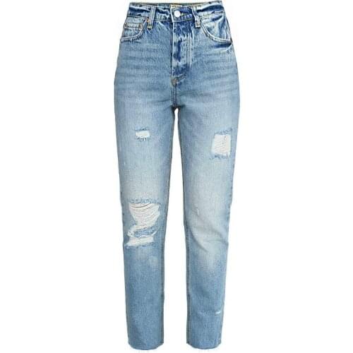 High Waist Straight Denim Pants Women Moustache Effect Distressed Vintage Jeans Bleached Mom Jeans Streetwear Denim Pants 2020