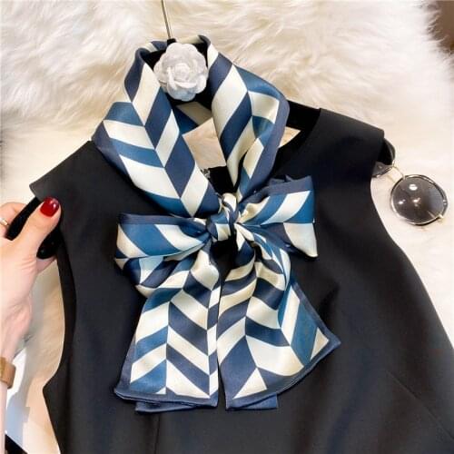 Womens double-layer 100% Real mulberry Silk Narrow Ribbon Skinny Bright Color Scarf Stripe Pattern for Bag Hair Band Neck Wraps