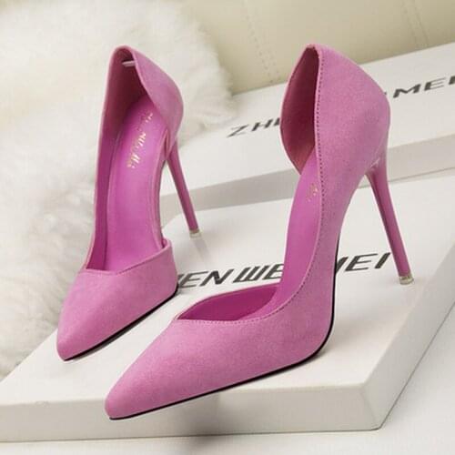 2020 New High Heels Women Fashion Pointed Toe Office Shoes Womens Solid Flock Shallow High Heels Shoes for Women 9 Colors