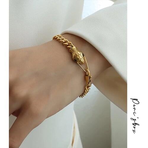 PerisBox Gold Color Green Eyes Snake Head Chain Bracelet For Women Punk Hip Hop Chunky Chain Bracelet Titanium Steel Jewelry