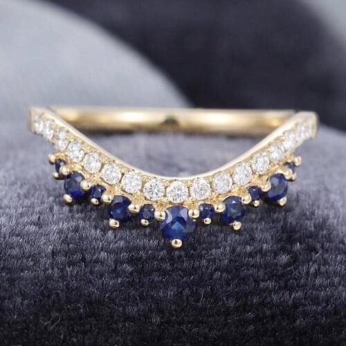 EDI Natural Diamond Sapphire Ring Curved Wedding Band 14k Yellow Gold Stacking Matching Anniversary Wedding Ring For Women