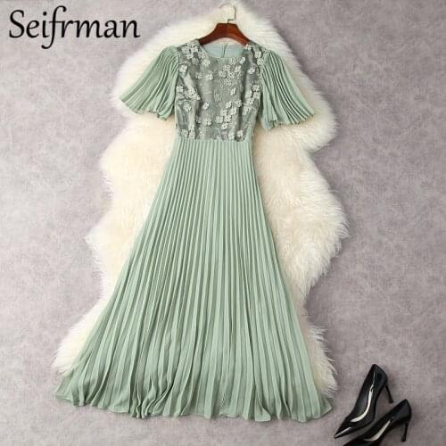 Seifrmann New 2021 Summer Women Fashion Designer Pleated Dress Short Sleeve Embroidery High Waist Printed Long Dresses Vestidos