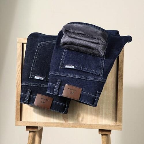 Winter Mens Fashion Fleece Jeans Classic Trend All-Match Loose-Fitting Casual Pants Male High-End Brand Stretch Denim Trousers