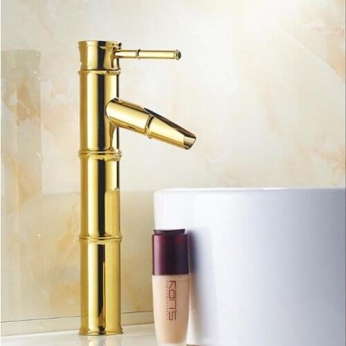 Gold bathroom faucet Pure copper European style Gold plating Bamboo festival Art Basin faucet Bathroom faucet Hot and cold water