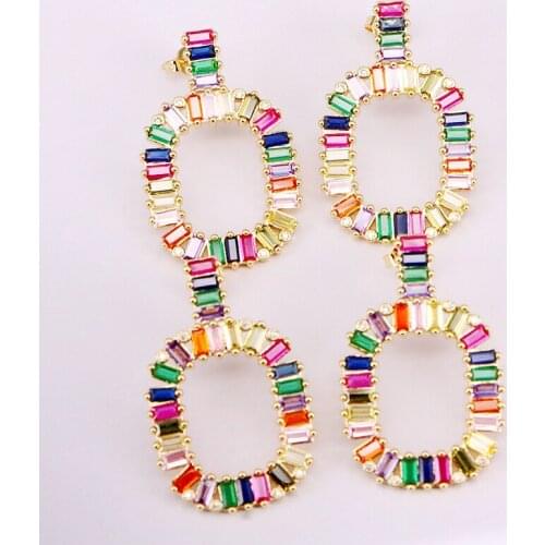 4Pairs, Micro Pave CZ Crystal Rainbow Square shaped Zirconia Dangle Earrings Multi Fashion Jewelry