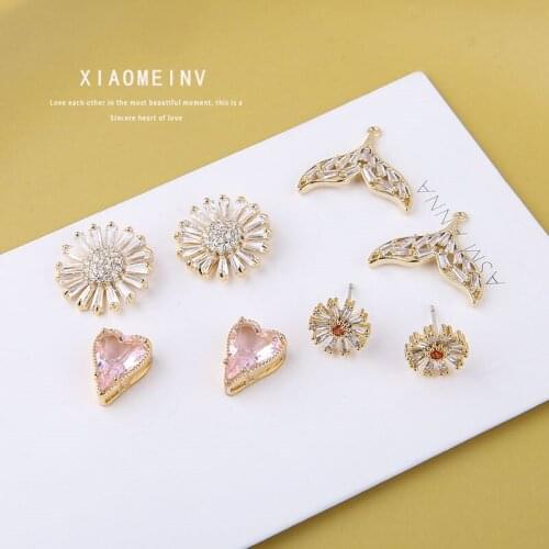 4pcs Preserving Color 18k Gold Zircon Crystal Fishtail Love Small Daisy Stud Earrings Women Jewelry Earrings Necklace Material