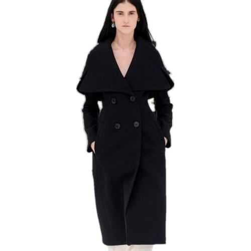 Cloak large lapel double-breasted cashmere coat women winter fashion black slim woolen coat plus size 2XL