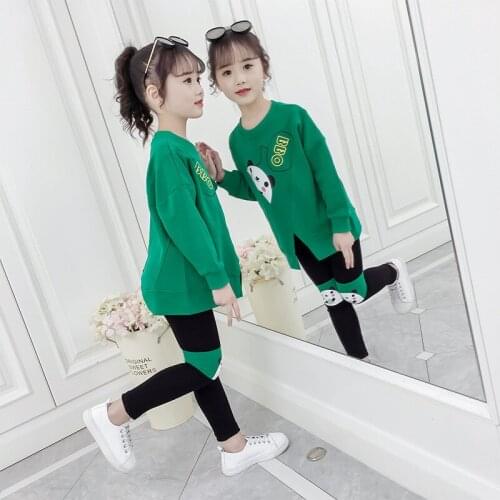 Girls Long Sleeve Cartoon Panda Print T-shirt + Tight Leggings 2 Pieces/pullover Spring And Autumn Loose Casual Wear 4-12 Years