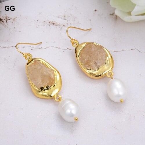 GuaiGuai Jewelry Natural Citrine Raw Rough Cultured White Rice Pearl Hook Earrings