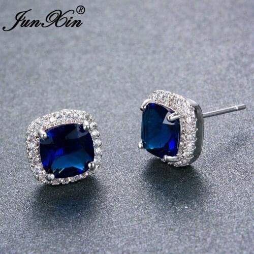 JUNXIN Elegant Bridal Wedding CZ Royal Blue Earrings For Women White Gold Filled Stud Earrings Fashion Crystal Jewelry