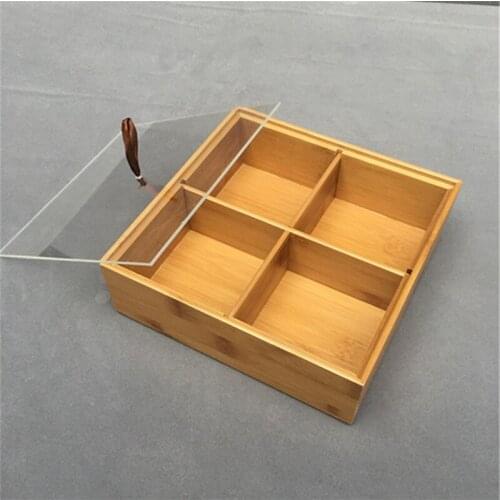 Creative Bamboo and Wood Divided Grid Fruit Platter Snack Platter with Transparent Lid Household Candy Small Object Storage Box