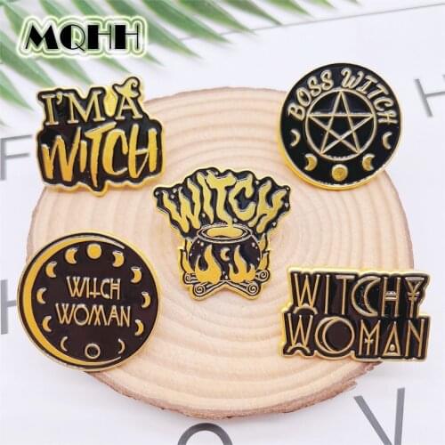 Creative Fun Halloween Witch Stove Enamel Pins Black Alloy Letter Brooch Punk Badge Clothes Accessories Woman Jewelry Gift
