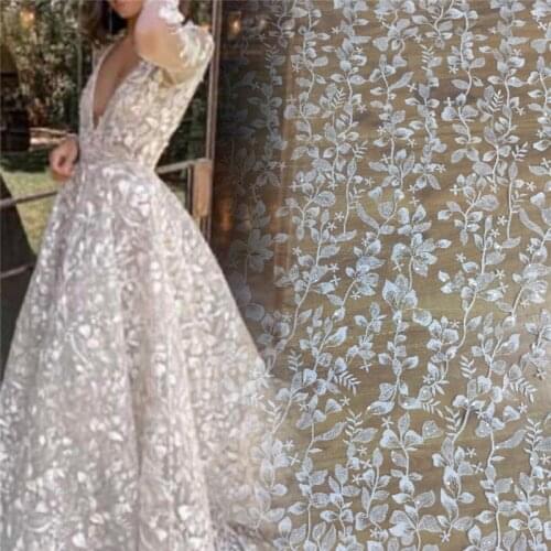 LFY New style Off white rayon sequins embroidery tulle embroidery wedding dress Lace fabric bridal dress lace fabric
