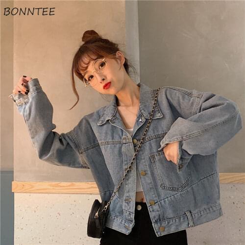 Basic Jackets Women Solid Blue Denim Turn-down Collar Korean Style Vintage Classic Students Casual Female Coats Fashion Loose