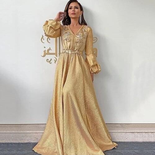 Moroccan Kaftan Caftan Muslim Evening Dresses A-line Long Sleeves Sequins Appliques Dubai Arabic Turkey Abaya Islamic Gown