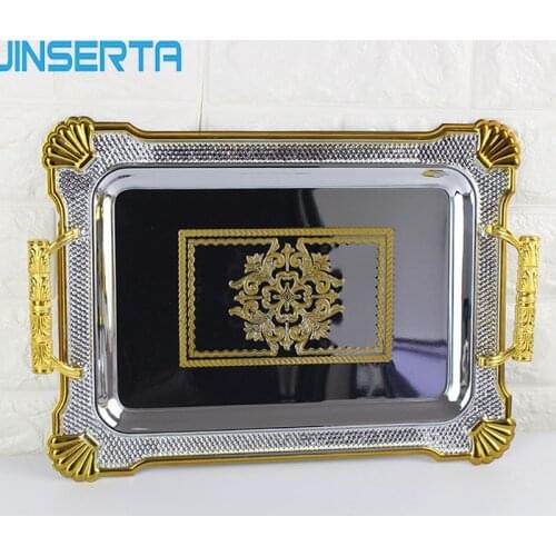 JINSERTA Metal Serving Tray Jewelry Display Plate Dessert Fruit Cake Plate with Handle for Home Hotel Cafe Party Wedding