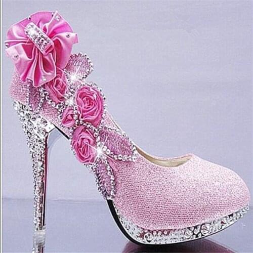 Fashion spring and autumn womens shoes crystal shiny flowers wedding shoes ladies rhinestones white round head high heel shoes