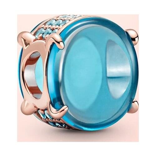 New Original 100% 925 Sterling Silver Blue Oval Cabochon Charm fit Europe Bracelet for Women Jewelry Birthday Gift Free shipping